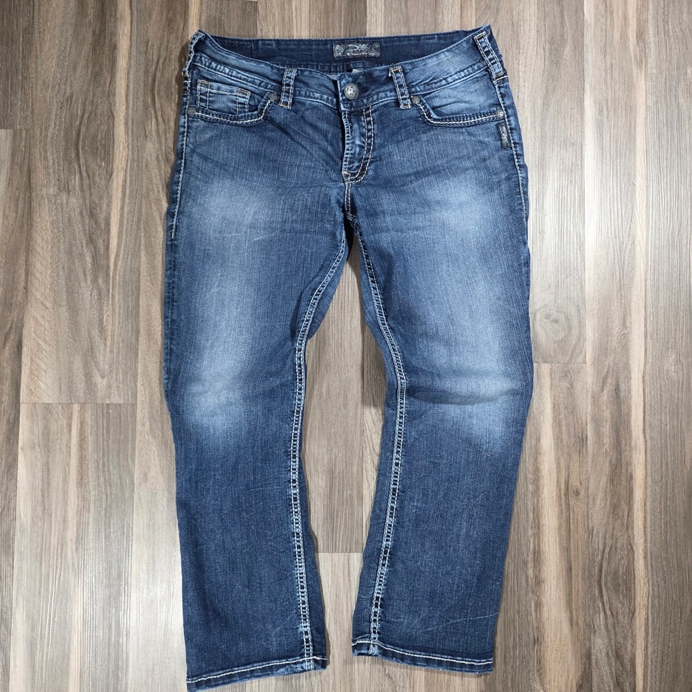Silver Jeans Co Suki Mid Rise Bootcut Dark Wash Contrast Stitch Denim 32x33